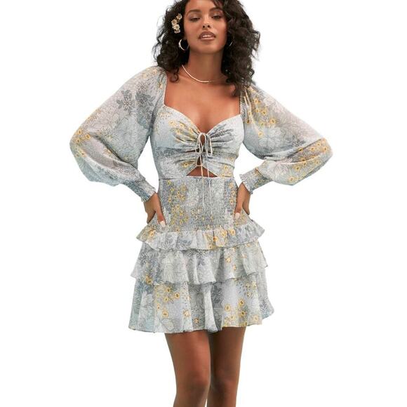 NWT ASTR Marietta Cut Out Floral Print Smocked Tiered Ruffle Mini Dress - Picture 1 of 7